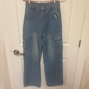 Men's Light Blue Cargo Denim Trousers with Utility Pockets